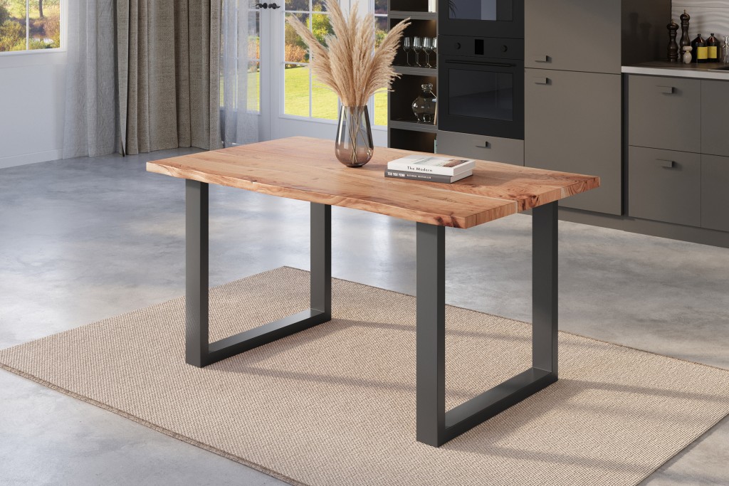 Esstisch Baumkante massiv Akazie natur 160 x 85 U-Gestell schwarz NICK