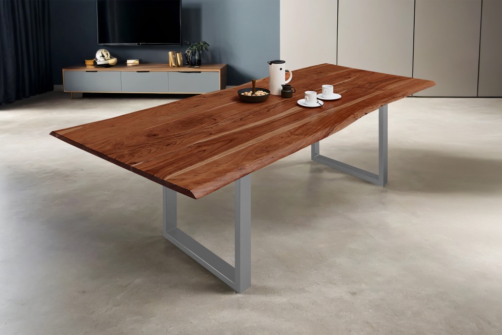 Esstisch Baumkante massiv Akazie nussbaum 280 x 100 silber MILO