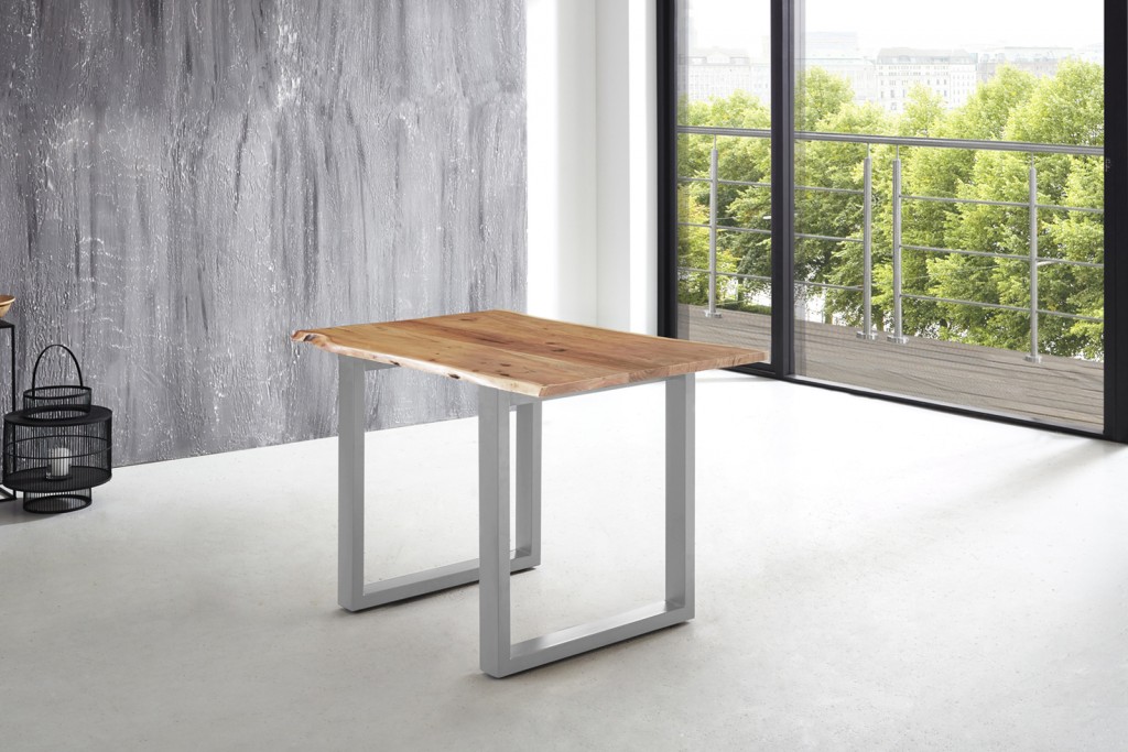 Esstisch Baumkante massiv Akazie natur 120 x 80 silber U-Gestell LUBIN