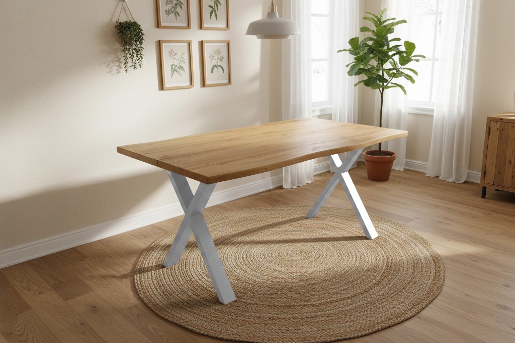 Esstisch Baumkante Holz-Optik Wildeiche 120 x 80 X-Gestell silber DUA