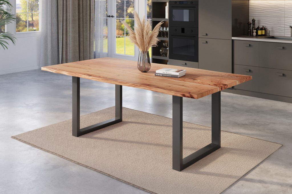 Esstisch Baumkante massiv Akazie natur 180 x 90 U-Gestell schwarz NICK