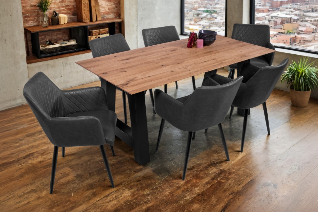 Esszimmertisch Schweizer Kante eckig massiv & geölt Eiche 180x90 schwarz A-Gestell Lotte