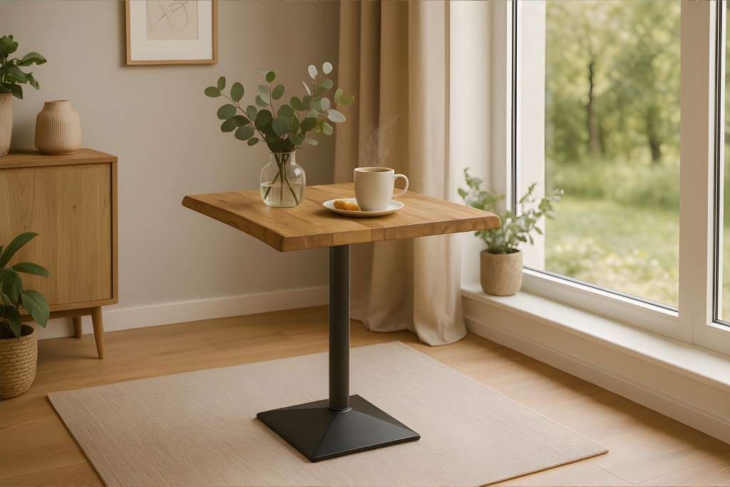 Bistrotisch Baumkante massiv 60 x 60 cm Mango rough schwarz Säulengestell INES