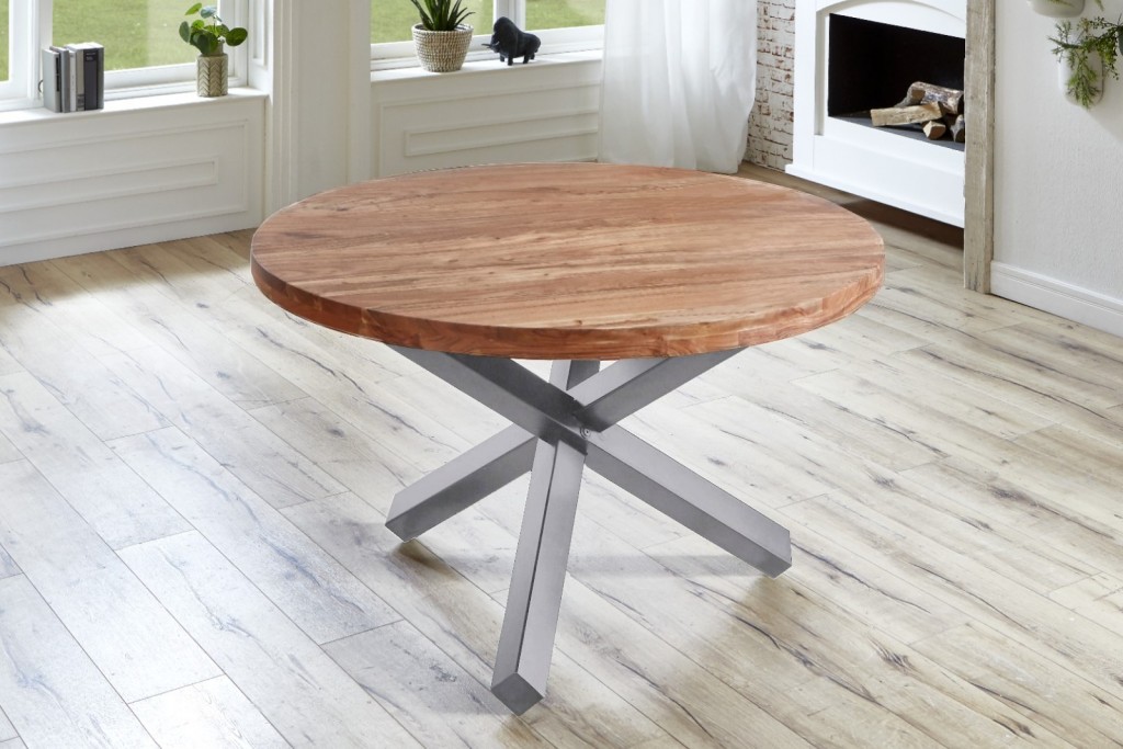 Esszimmertisch rund 140 cm Akazienholz Natur Silber RUNA