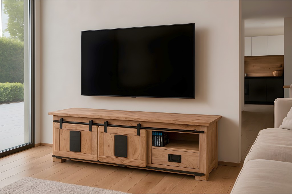 Lowboard Kommode TV-Board mit Schiebetüren, Schubfach & 3 Fächern Akazie massiv natur 160 x 45 x 50 cm LIBRO