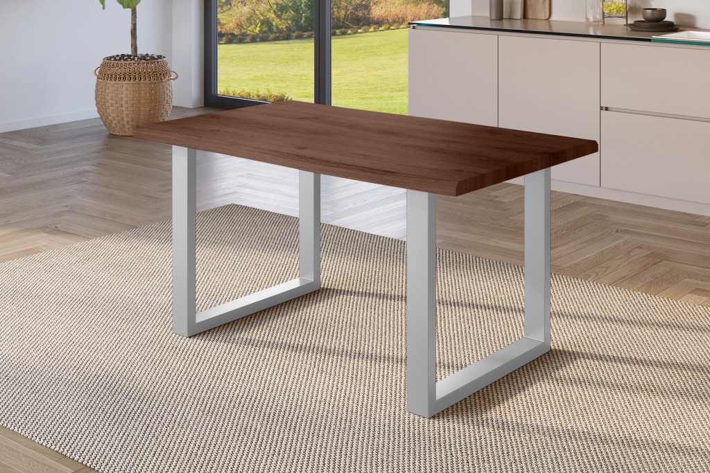 Esstisch Baumkante Holz-Optik Nussbaum 140 x 80 U-Gestell silber JULIUS