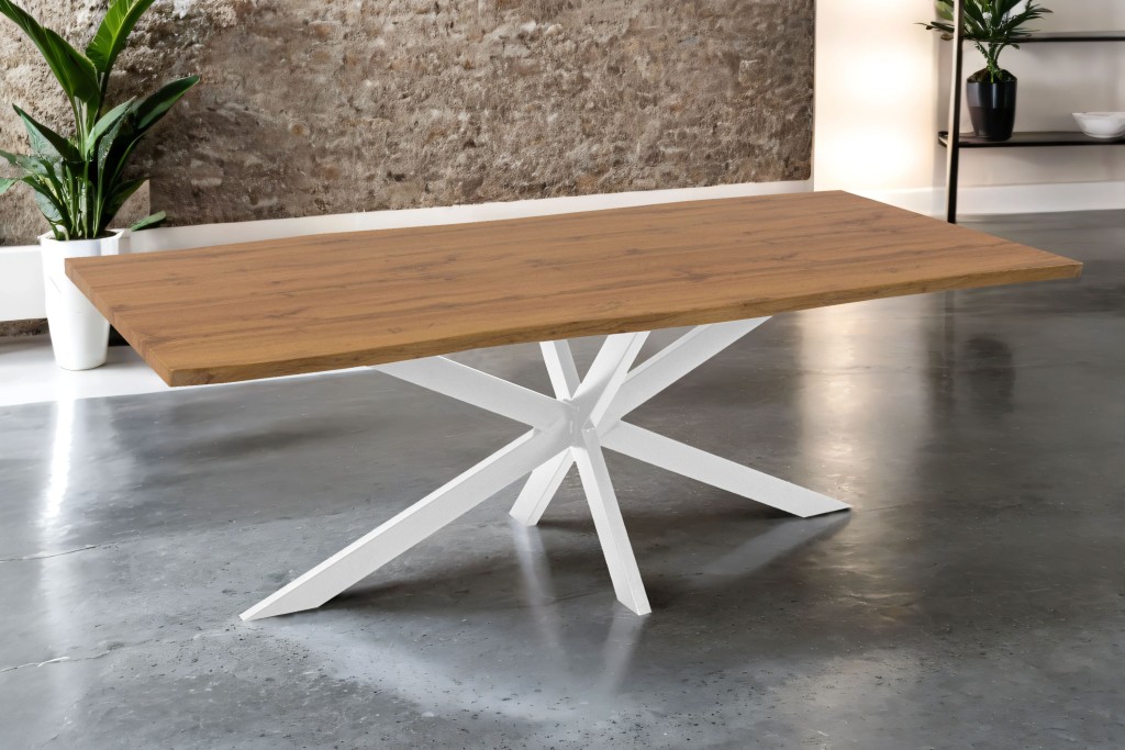 Esstisch Baumkante Holz-Optik Wildeiche 240 x 100 Spider-Gestell weiß JOSY