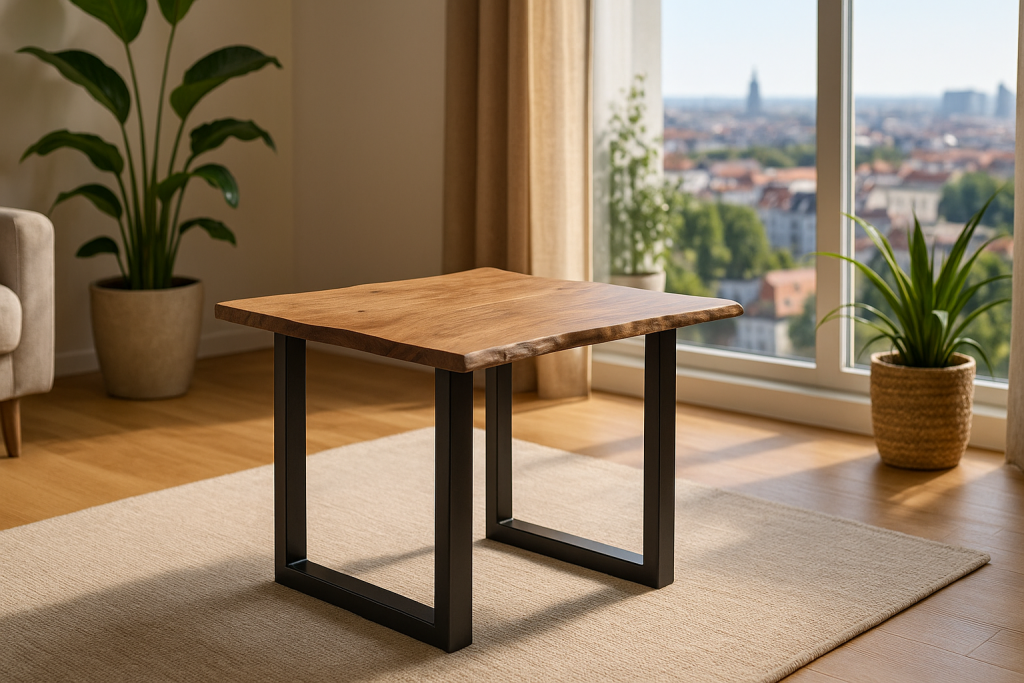 Esstisch Baumkante massiv Akazie stonefarben 80 x 80 cm schwarz LAURINA