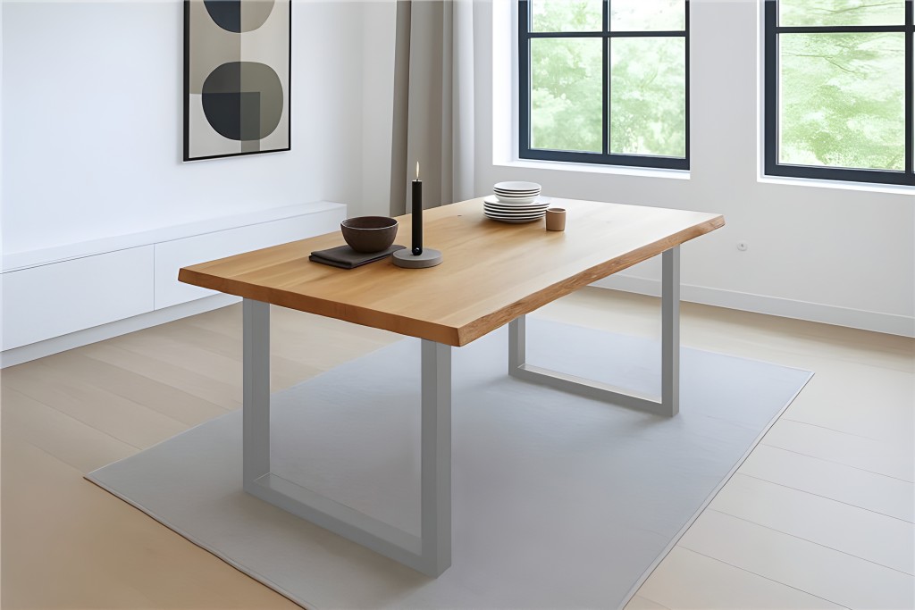 Esstisch Baumkante massiv Eiche geölt 220 x 100 cm U-Gestell silber SALVADOR