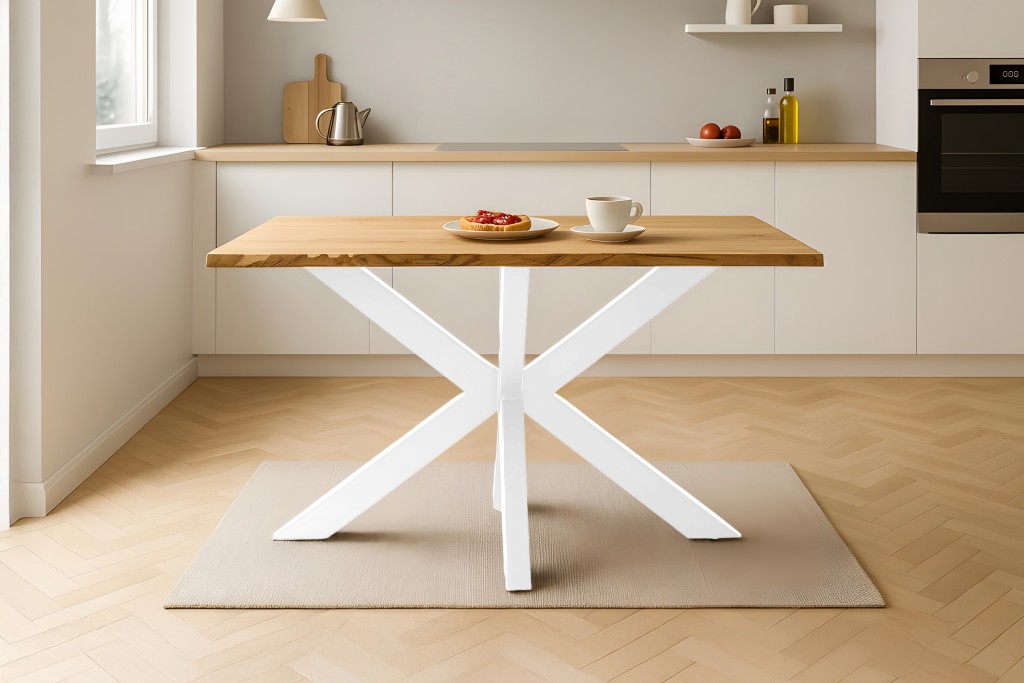 Esstisch Baumkante massiv Eiche geölt 160 x 85 cm Spider-Gestell weiß SALVADOR