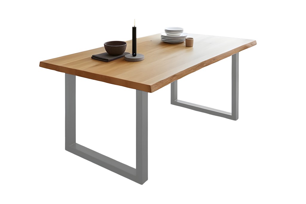 Esstisch Baumkante massiv Eiche geölt 140 x 80 cm U-Gestell silber SALVADOR