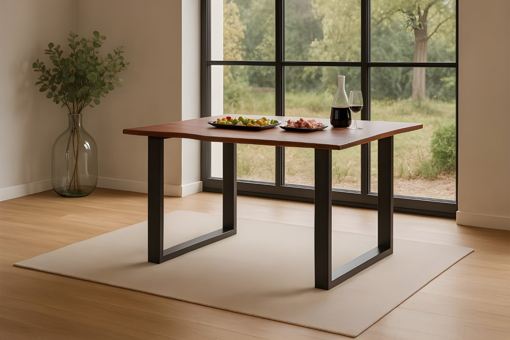 Esstisch Baumkante massiv Akazie kastanienfarben 120 x 80 cm U-Gestell schwarz Roxana