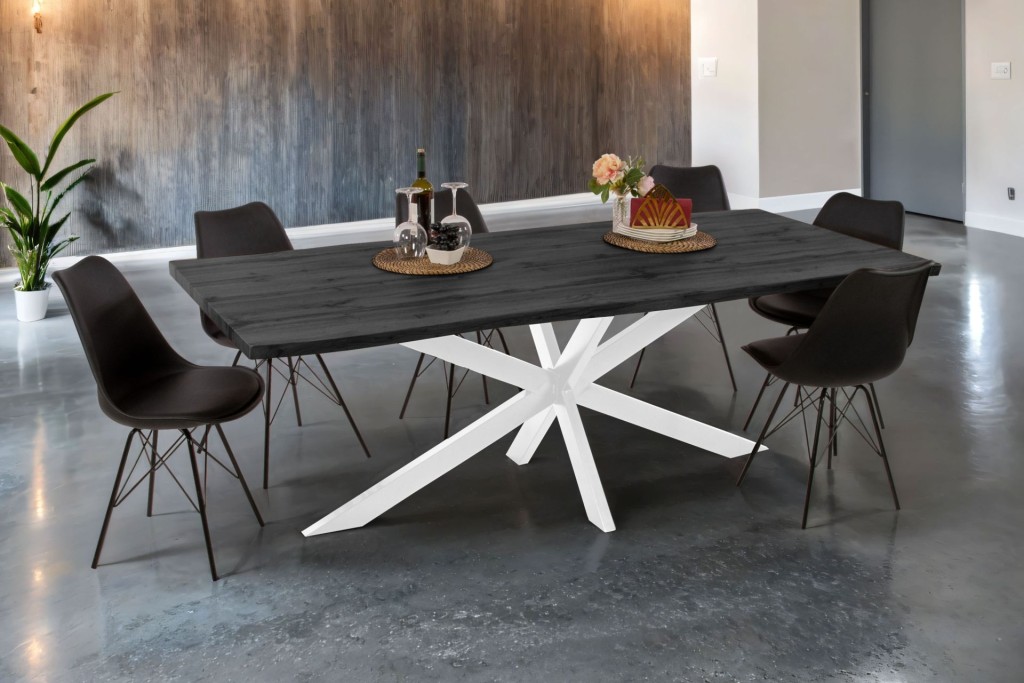 Esstisch Baumkante Holz-Optik Grau 240 x 100 Spider-Gestell weiß JOSY