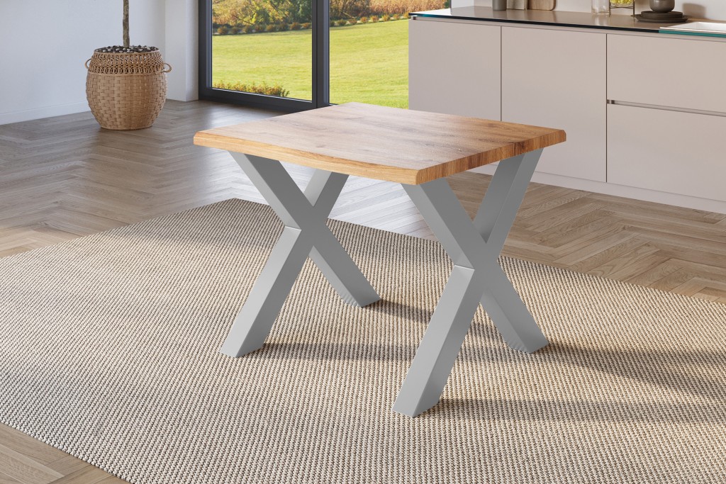 Esstisch Baumkante Holz-Optik Wildeiche 80 x 80 X-Gestell silber JULIUS