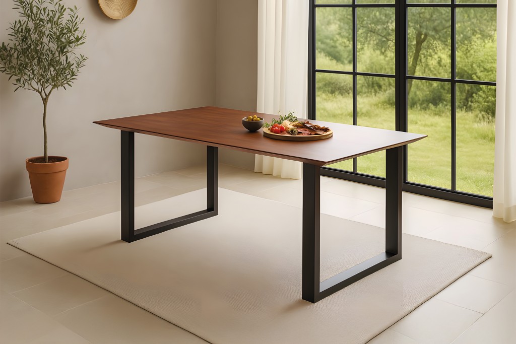 Esstisch 160x85cm Akazie massiv kastanienfarben schweizer Kante U-Gestell schwarz RITA