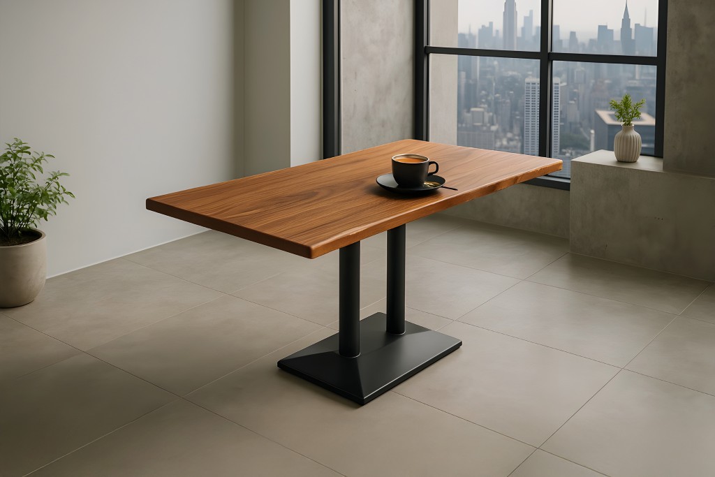 Bistrotisch Baumkante massiv 120x60cm Akazie Nussbaumfarben schwarz Doppelsäulengestell ISLA