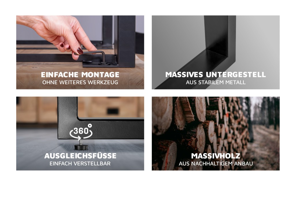 Esstisch Baumkante massiv Akazie nussbaumfarben 240 x 100 schwarz X-Gestell XEREZ