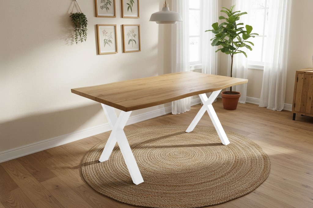 Esstisch Baumkante Holz-Optik Wildeiche 140 x 80 X-Gestell weiß DUA