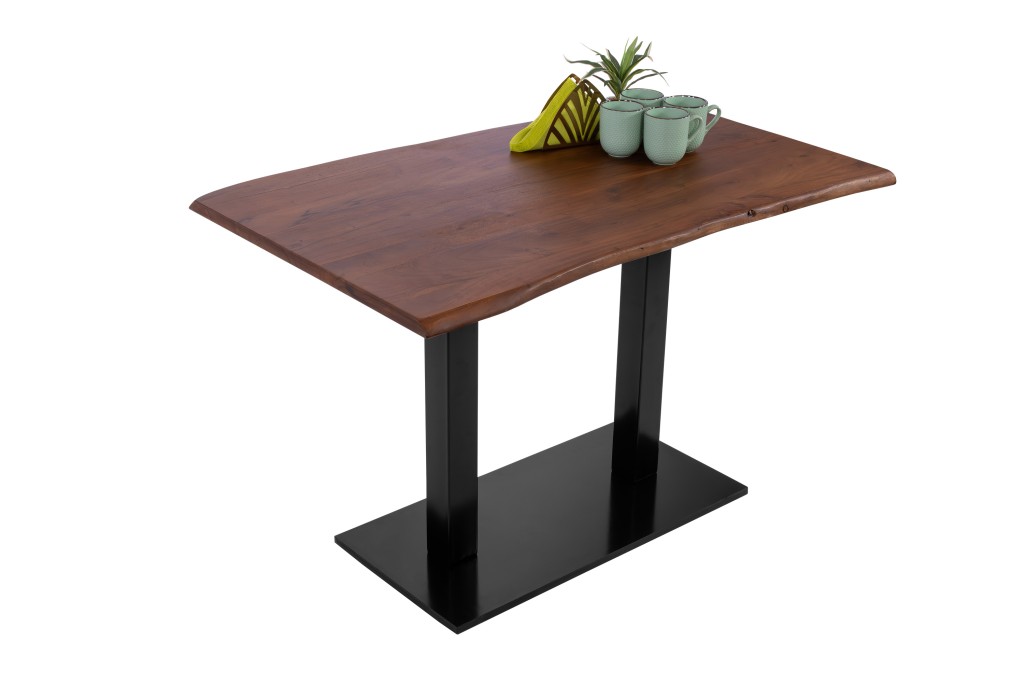 Bistrotisch Baumkante massiv 120 x 70 cm Akazie nussbaumfarben Doppelsäulengestell schwarz ISLA