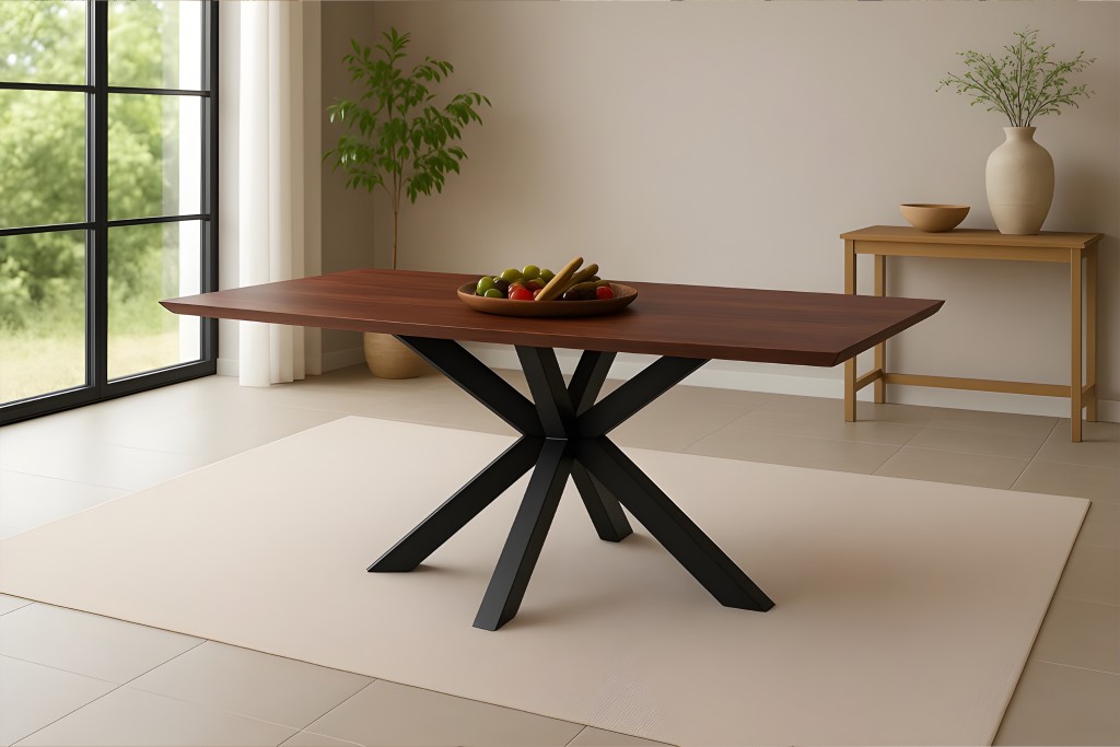 Esstisch 160x85cm Akazie massiv kastanienfarben schweizer Kante Spider-Gestell schwarz RITA