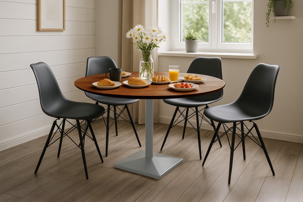 Bistrotisch Schweizer Kante massiv Akazie nussbaumfarben 120 cm Säulengestell-eckig silber BRASILIA