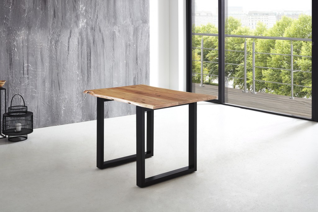 Esstisch Baumkante massiv Akazie natur 120 x 80 schwarz U-Gestell LUBIN