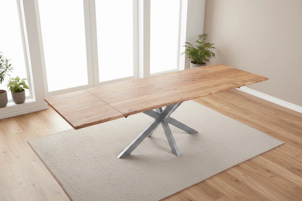 Esstisch Baumkante Akazie natur 180(280)x90 Ansteckplatten Spider-Gestell silber AVINO