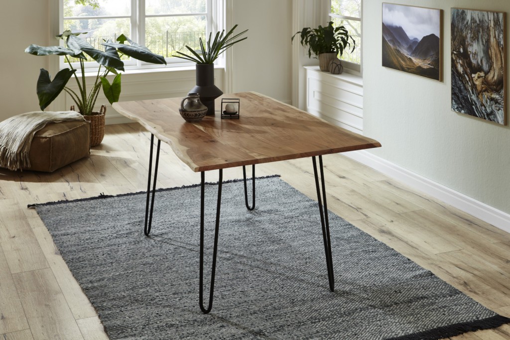 Esstisch Baumkante massiv Akazie natur 80 Hairpin-Gestell schwarz HANNAH