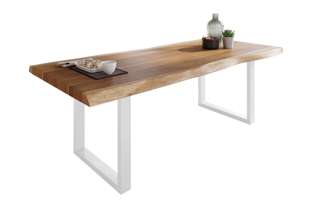 Esstisch Baumkante massiv Akazie Natur 220 x 110 U-Gestell weiß ATLAS
