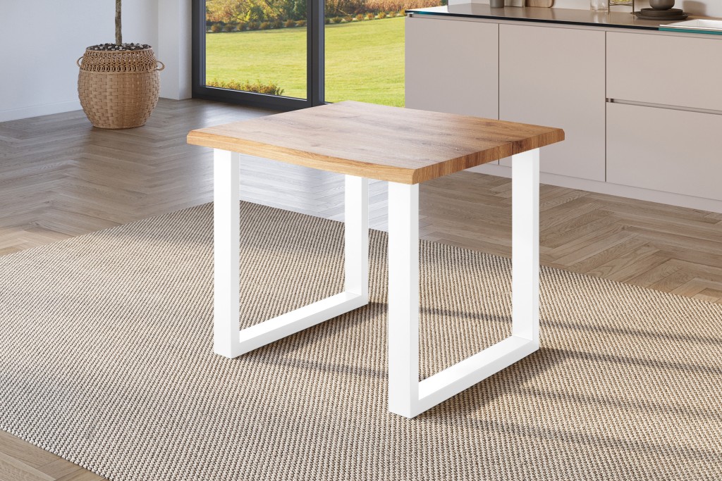 Esstisch Baumkante Holz-Optik Wildeiche 80 x 80 U-Gestell weiß JULIUS