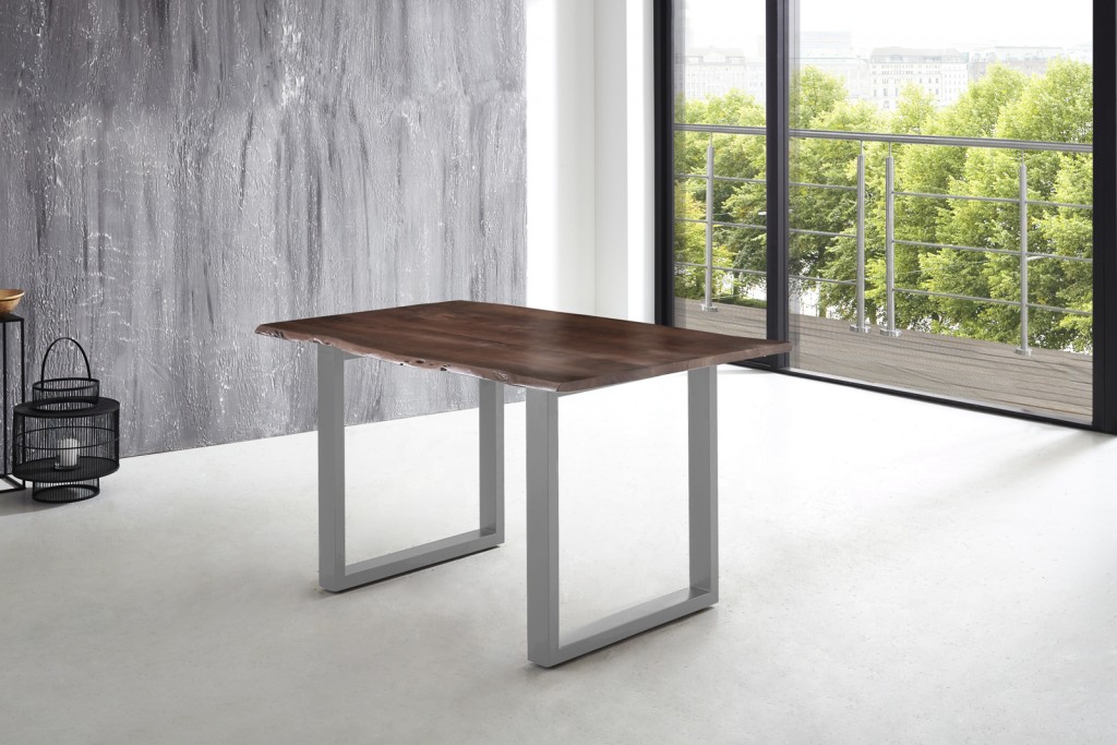 Esstisch Baumkante massiv Akazie nussbaum 160 x 85 silber U-Gestell LUBIN