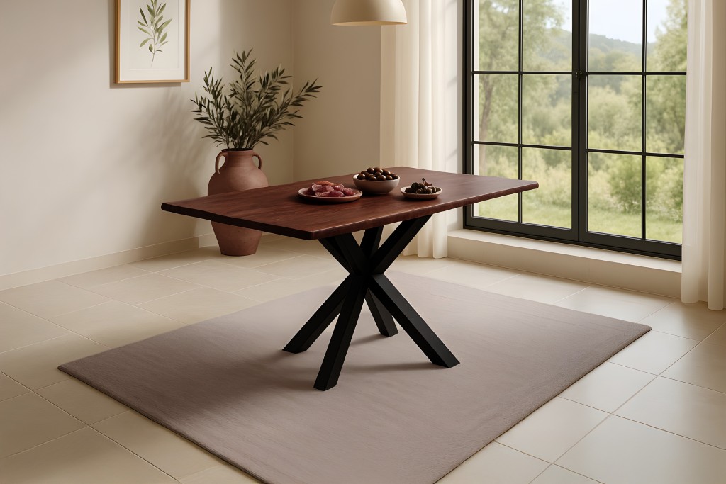 Esstisch Baumkante massiv Akazie kastanienfarben 120 x 80 cm Spider-Gestell schwarz Roxana