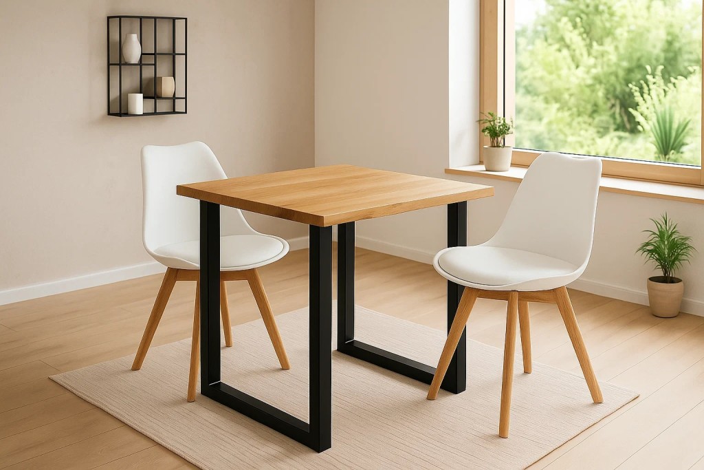 Essgruppe Baumkante massiv 90 x 90 cm Wildeiche U-Gestell schwarz & 2 Stühle weiß SEATTLE