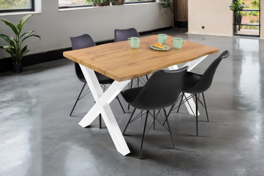 Esstisch Baumkante Holz-Optik Wildeiche 120 x 80 X-Gestell weiß JOSY