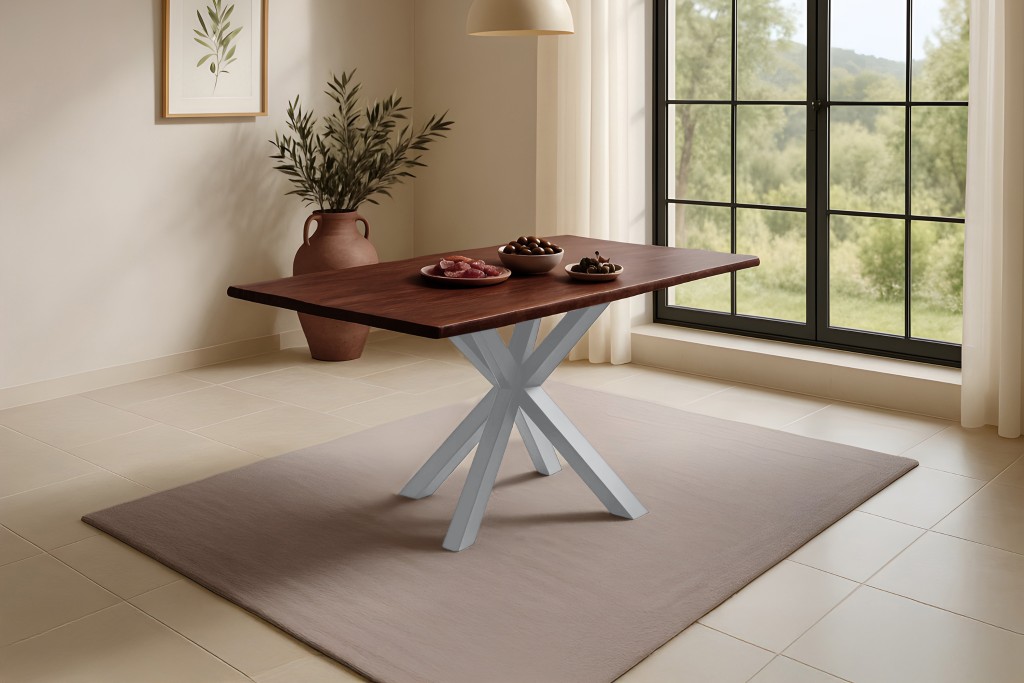 Esstisch Baumkante massiv Akazie kastanienfarben 120 x 80 cm Spider-Gestell silber Roxana