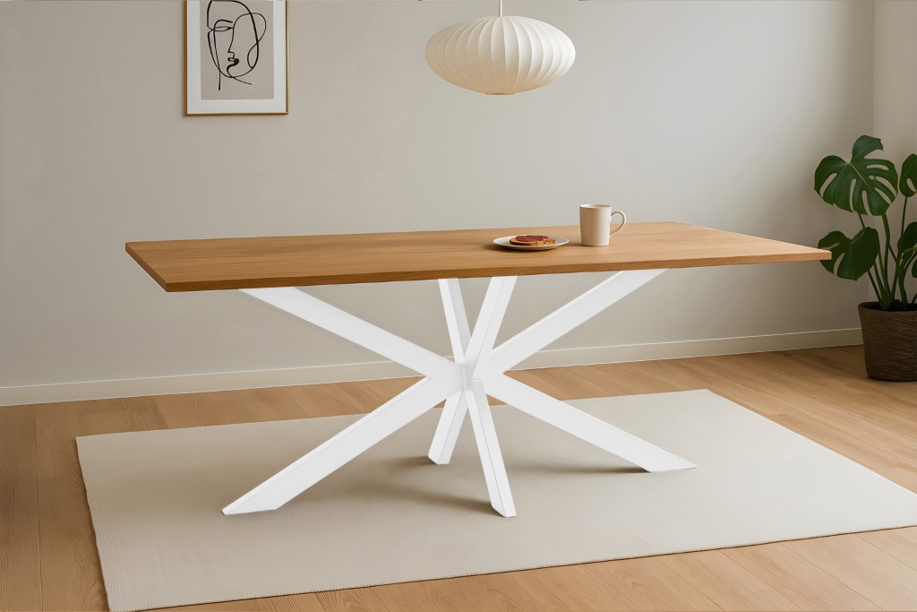 Esstisch Baumkante massiv Eiche geölt 200 x 100 cm Spider-Gestell weiß SALVADOR