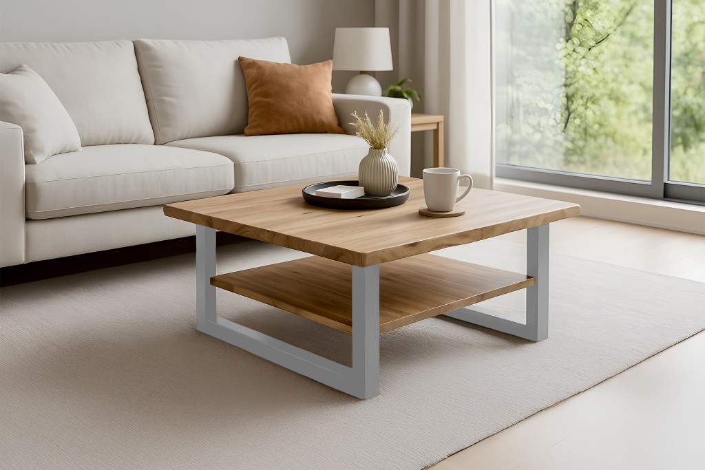 Couchtisch Baumkante 90 x 90 cm Akazie massiv + naturfarben lackiert silber PATRICK