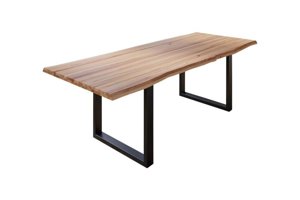 Esstisch Baumkante Massiv Wildbuche 220 x 100 mattschwarz U-Gestell ROMAN
