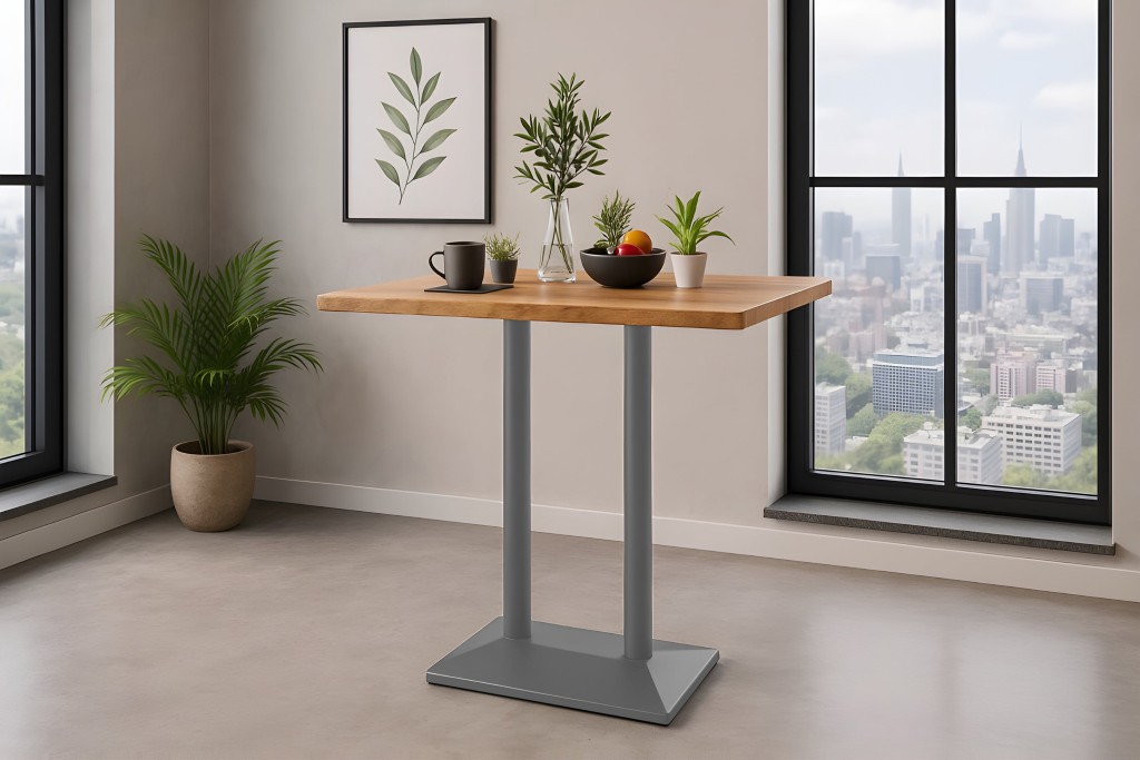 Bistrotisch Baumkante massiv 100 x 60 cm Mango naturfarben silber Doppelsäulengestell IAN