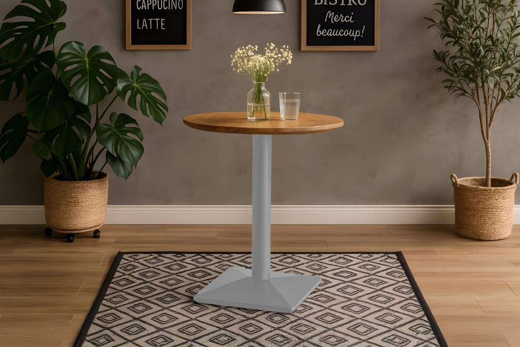 Bistrotisch Schweizer Kante massiv Akazie naturfarben 70 cm Säulengestell-eckig silber BRASILIA