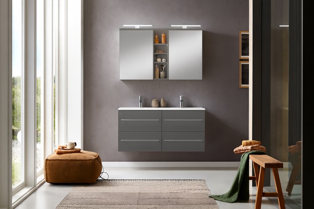 Badmöbel Set 2tlg Doppelwaschtisch 120 cm Hochglanz grau VILLA