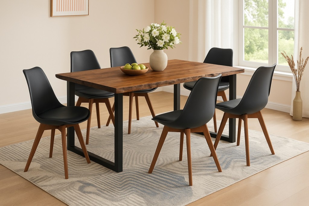 Essgruppe Baumkante massiv 220 x 100 cm Akazie nussbaumfarben U-Gestell schwarz & 6 Stühle schwarz QUINN
