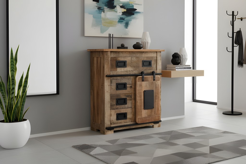 Sideboard Kommode mit Holzrolltür Mango Rough massiv 75 x 35 x 85 cm LIBRO