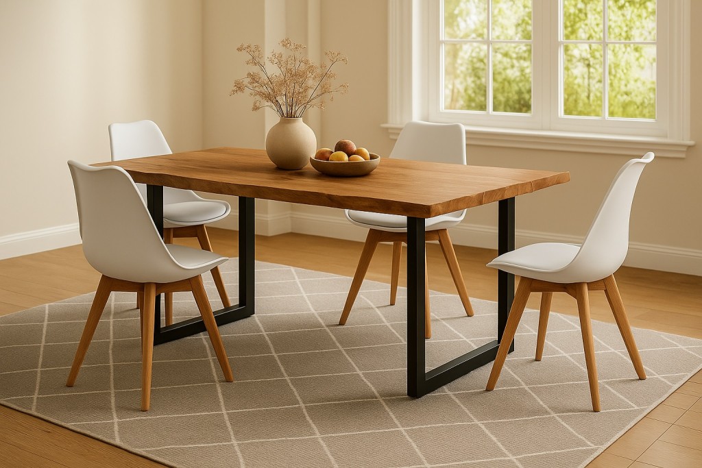 Essgruppe Baumkante massiv 140 x 80 cm Akazie naturfarben U-Gestell schwarz & 4 Stühle weiß QUINN
