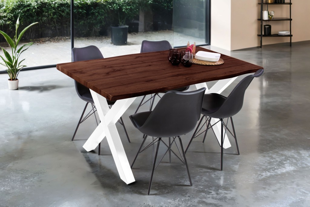 Esstisch Baumkante Holz-Optik Nussbaum 160 x 85 X-Gestell weiß JOSY