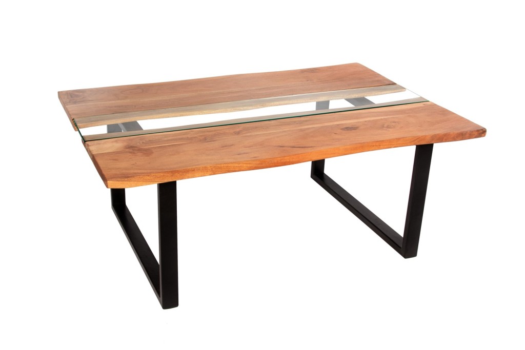 Couchtisch Baumkante mit Glaseinsatz 118 x 80 cm Akazie massiv stonefarben U-Gestell schwarz FRANCO