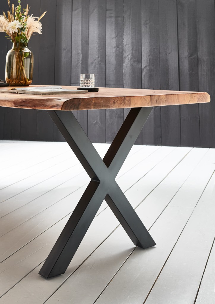 Esstisch Baumkante massiv Akazie natur 220 x 100 schwarz X-Gestell XEREZ