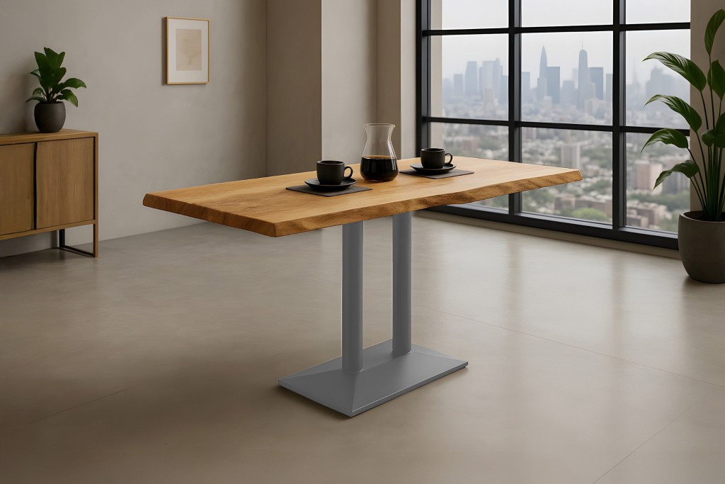 Bistrotisch Baumkante massiv 120 x 60 cm Mango naturfarben Doppelsäulengestell silber ISLA