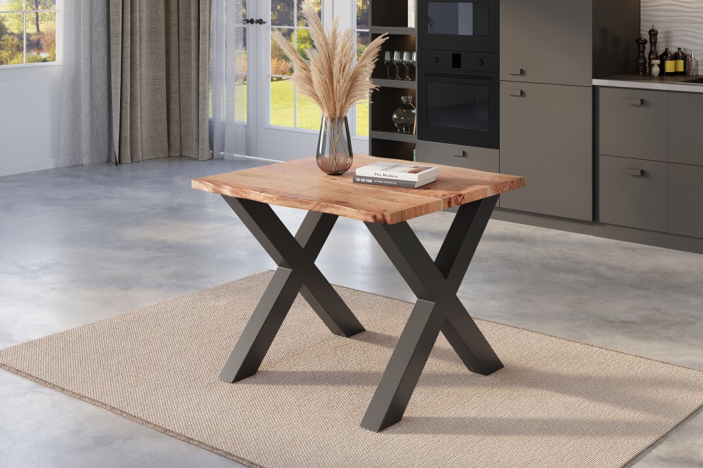 Esstisch Baumkante massiv Akazie natur 140 x 80 schwarz X-Gestell NICK