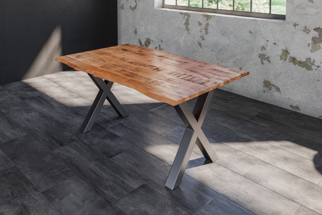 Esstisch Baumkante Massiv Mango naturfarben 140 x 80 silber X-Gestell DORA